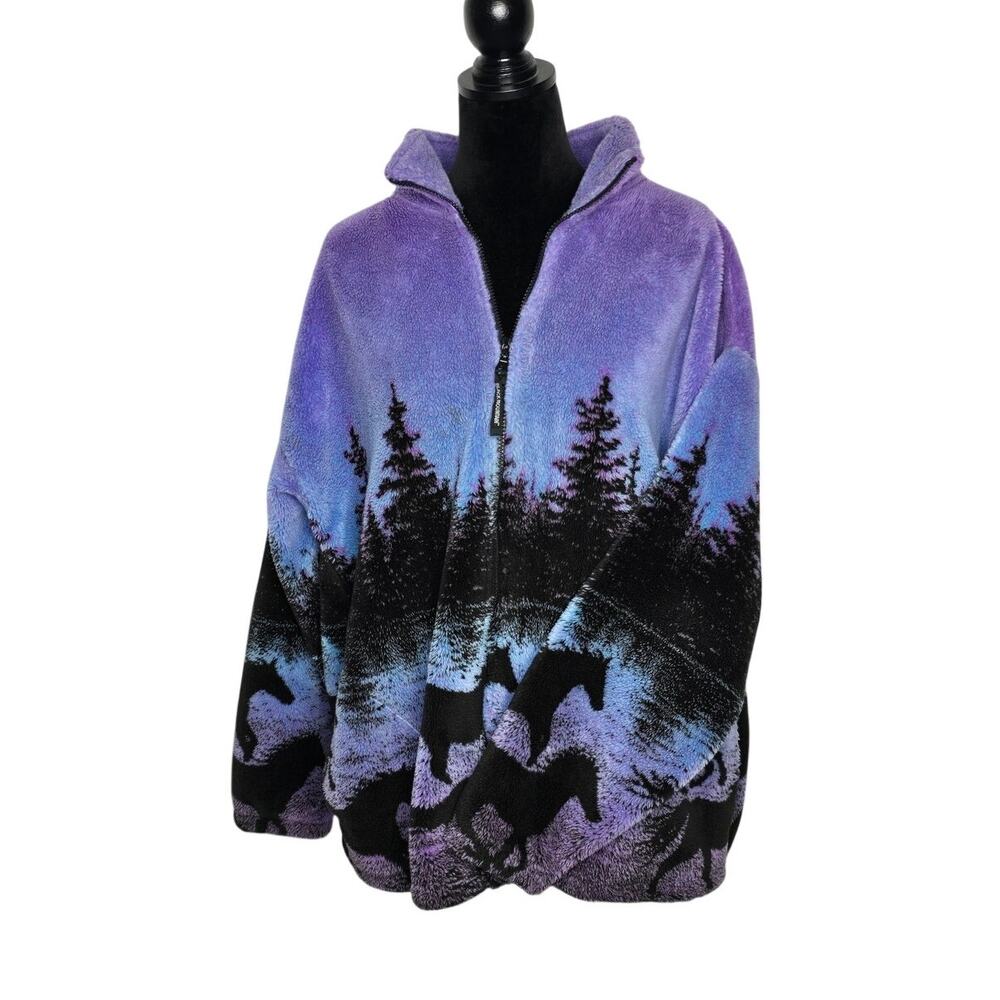 Vintage Black Mountain Twilight Horses Fleece Jacket XL Made USA Full Zip
